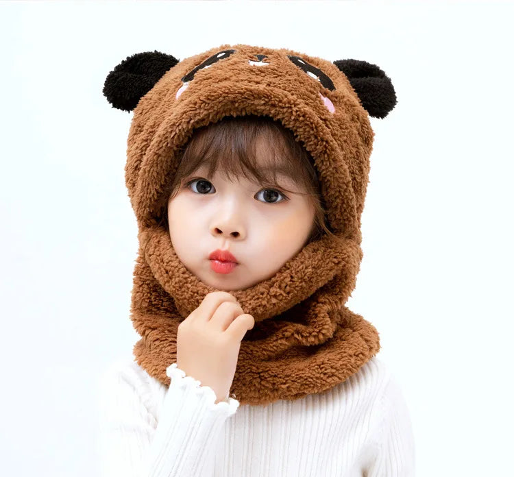 Outdoor Sports Winter Children Hat Plus Fleece Kids Caps Cartoon Hat for Girls Boys Scarf Thicken Cap One-piece Scarf Hat