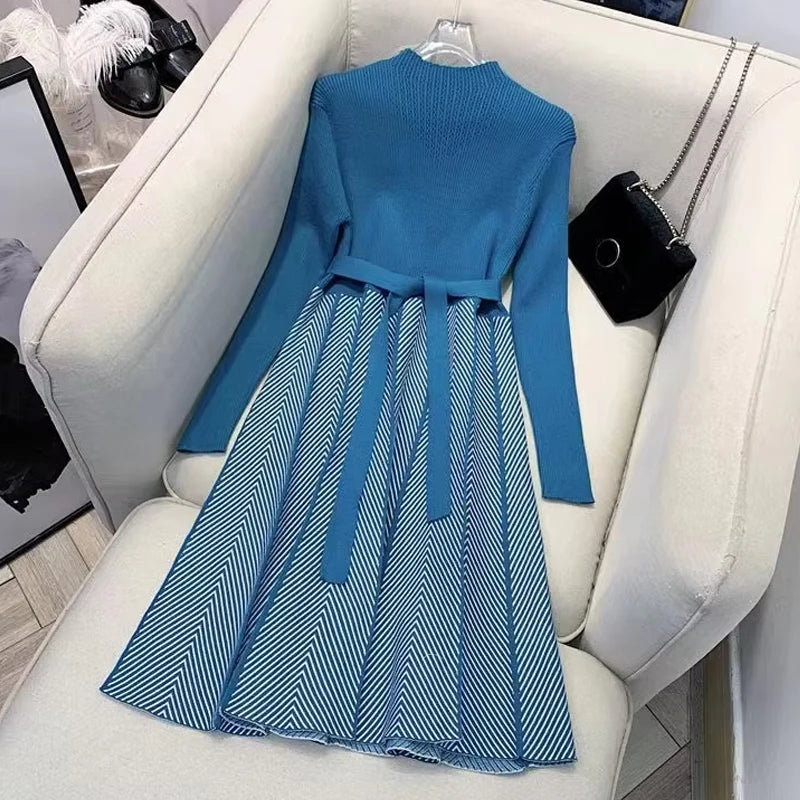 Women's Autumn Winter Fashion Sweater Dresses Belt Waist Casual Knitwear Dress A-line Midi Length Knit Sweater Dress