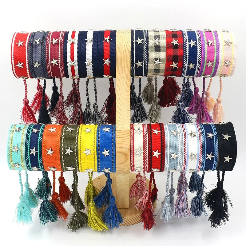 Ethnic Jewelry Alloy Silver Star-shaped Metal Rivets Woven Webbing Tassel Friendship Bracelet