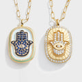 Vintage Enamel Evil Eyes Paper Clip Chain Necklace Micro Inlaid Cubic Zirconia Hamsa Hand Necklace Women