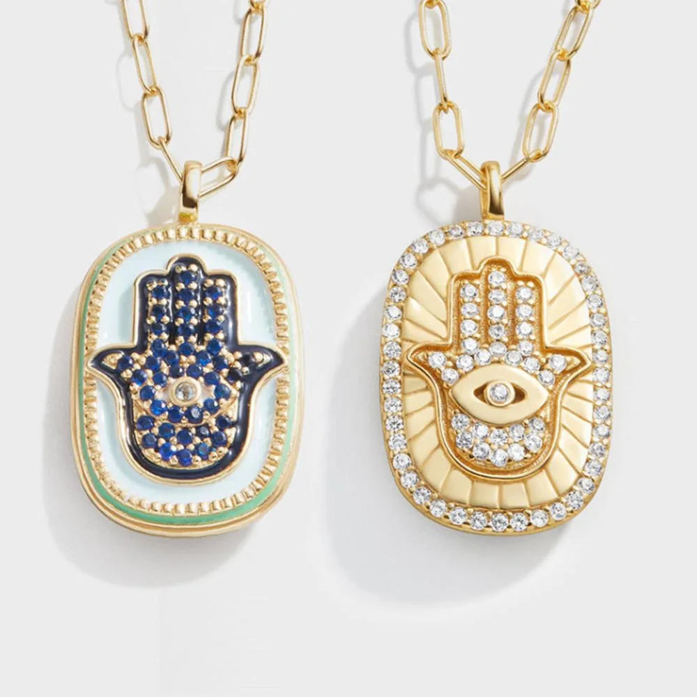 Vintage Enamel Evil Eyes Paper Clip Chain Necklace Micro Inlaid Cubic Zirconia Hamsa Hand Necklace Women