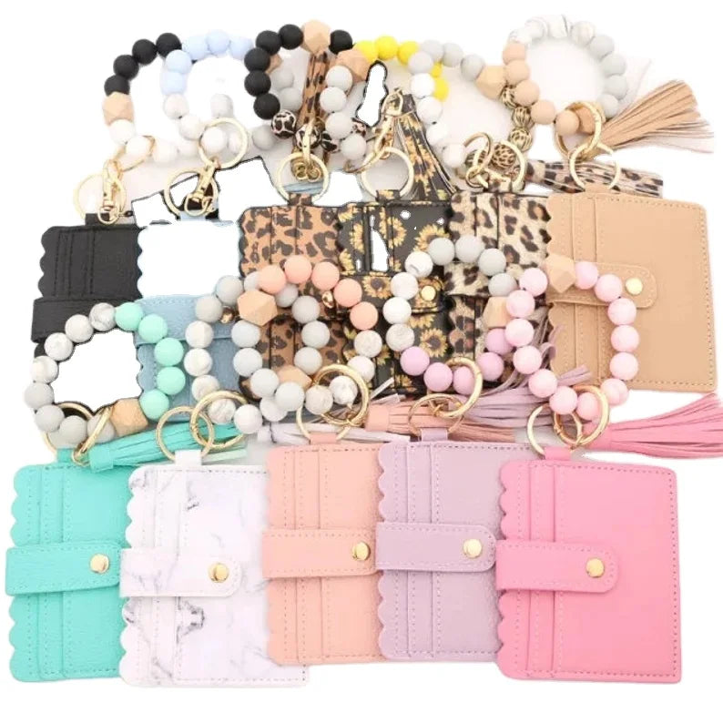 Personalized Print Wristlet Strap Bracelet Silicone Bead Keychain Bangle Leather Tassel Wallet ID Cardholder Gift for Mom