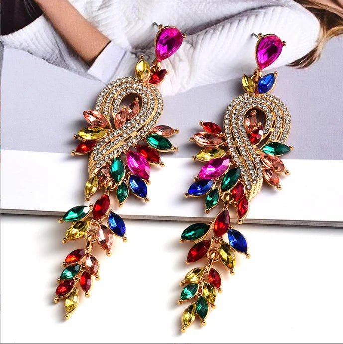 New Style Long Classic Colorful Crystal Dangle Drop Earrings High-Quality Vintage Pendant Metal Jewelry Accessories for Women