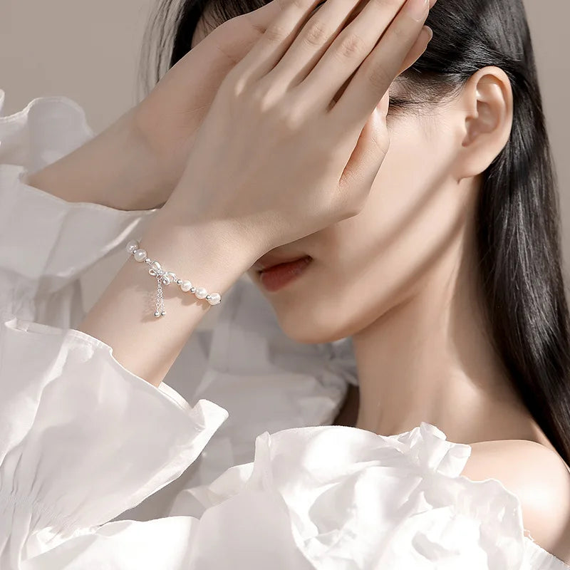 Near Round Freshwater Pearl Bracelet  Good Luster with Butterfly Button Drop for Gifts Weddings Parties