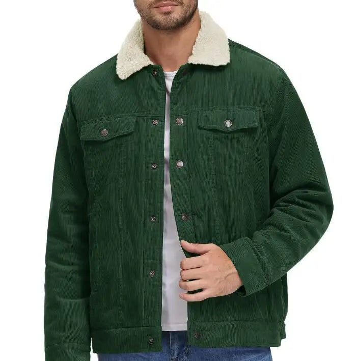 Wholesale Winter Warm Corduroy Coat Lapel Collar Long Sleeved Plush Loose Casual Men's Jacket