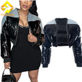 New Winter Fashion Short Puffer Jacket Streetwear Womens Zip up Down Coat Patchwork Denim Pu Bubble Coat