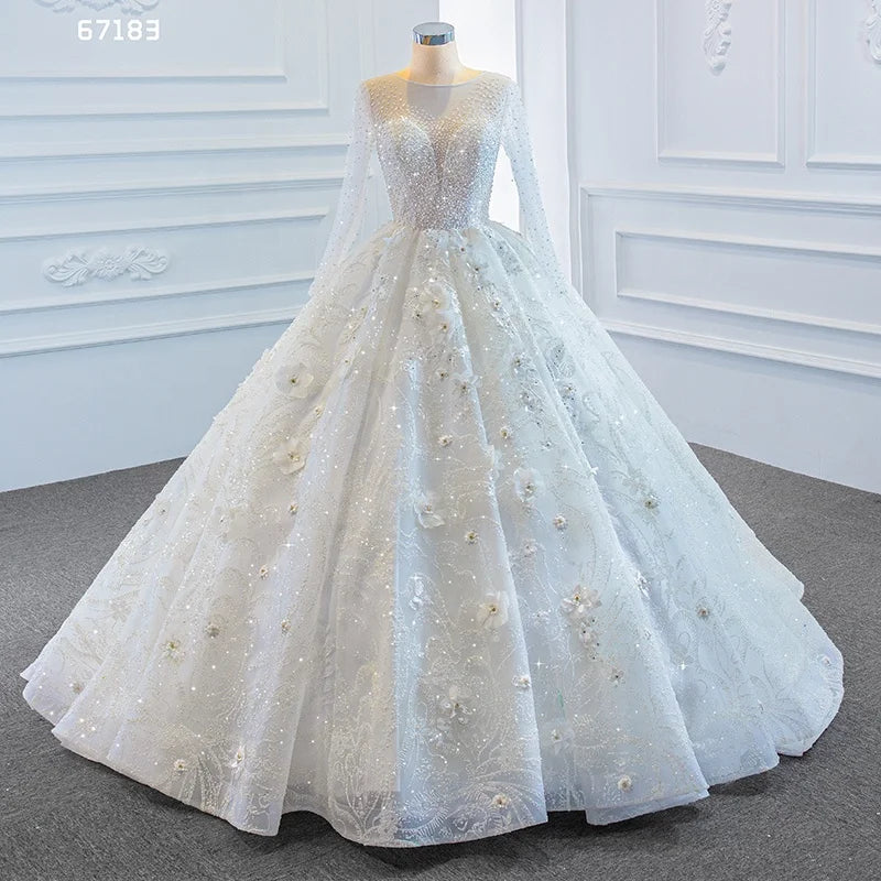 Jancember RSM67183 Ladies Luxury Real Heavy Beading 3D Flower Ball Gown Wedding Dress