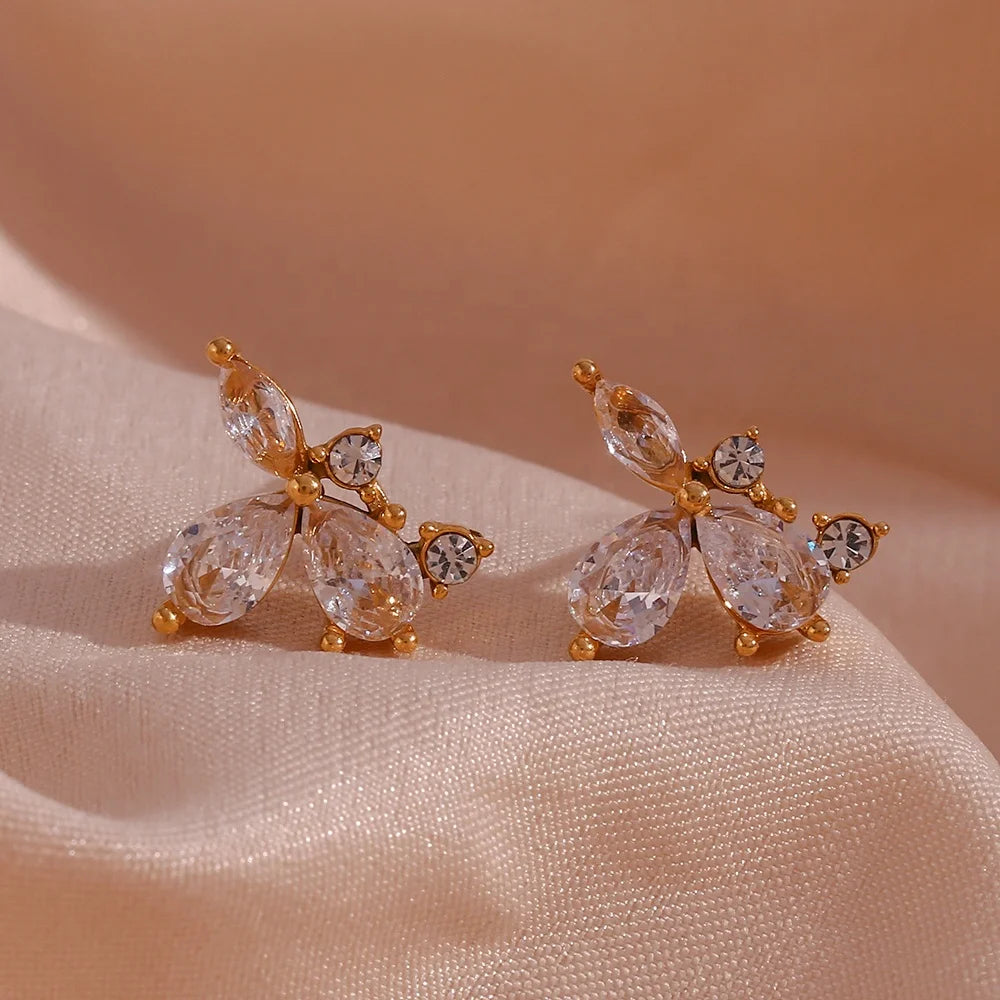 Dreamshow Romantic Flower Crystal AAA Zircon Stud Earrings AAA Cubic Zircon PVD Gold Plated Stainless Steel Jewelry