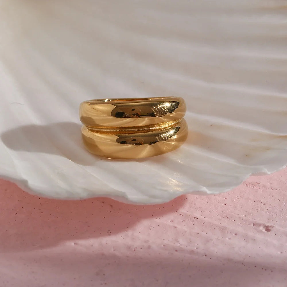 Drop Ship Minimalist 18K Gold Plated Double Layer Design Stainless Steel Ring Engagement Ring for Women