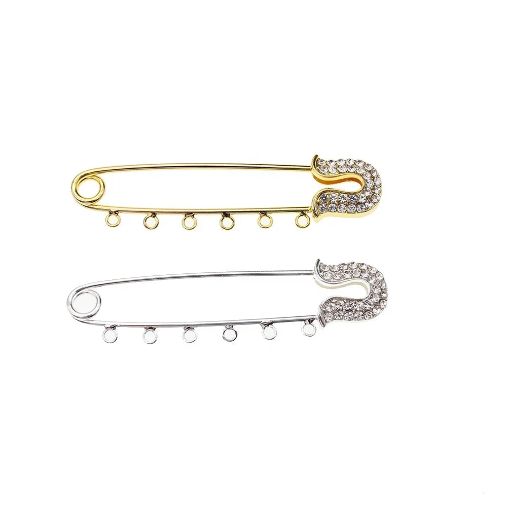 10cm 5-loops Gold Plated Alloy Brooch Rhinestone Muslim Islamic Religious Safety Pin for Kids for Weddings Parties and Gifts