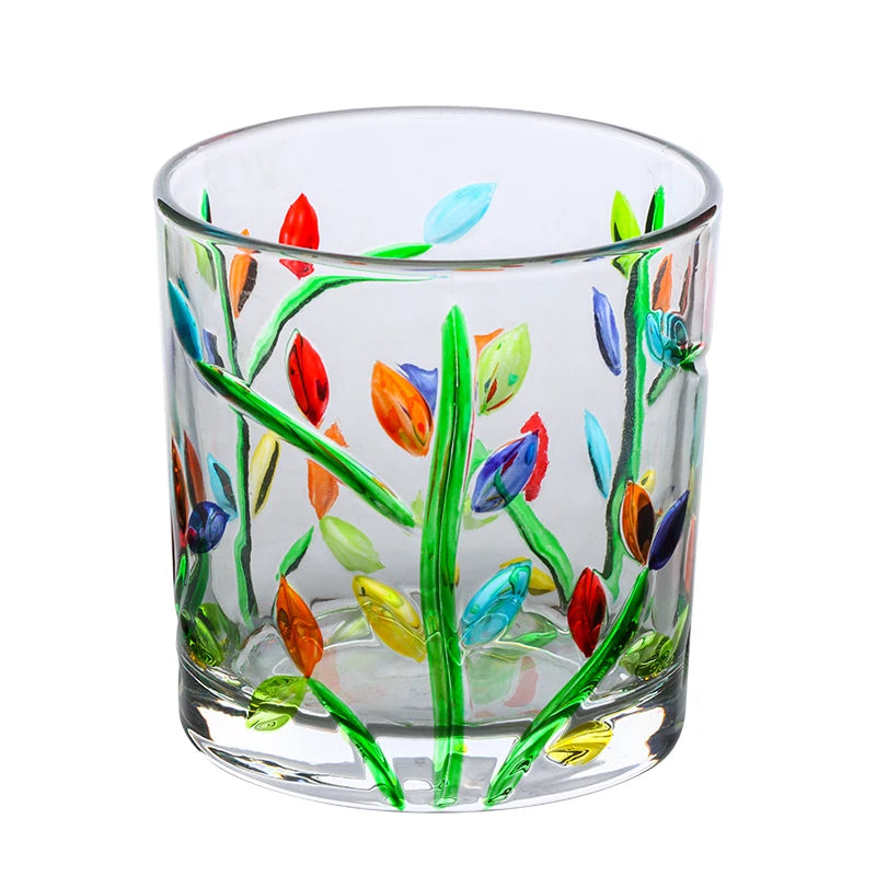 Home Decoration Business Gift European Style Round Shape Hand-painted Leaf Pattern Glass  Whisky Cup Coffee Cup Drink Water Cup