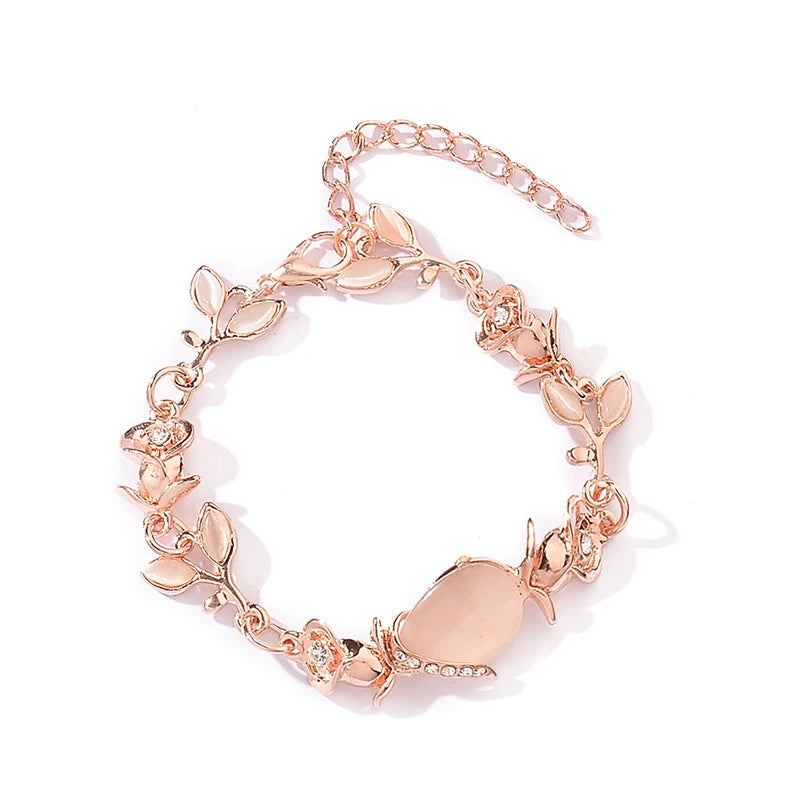 Korean Jewelry Creative Women Opal Chain Link Bracelet Trendy Dazzling Simple Leaves Rose Gold Bracelets Sets