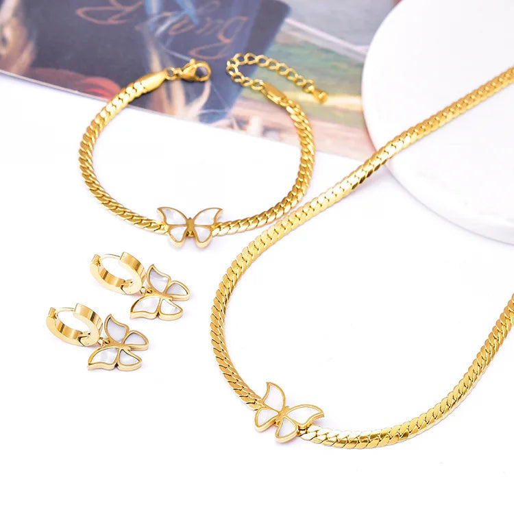 Wholesale Fashion Trendy Stainless Steel 18k Gold Plated Chain White butterfly Charm Bracelet and Necklace Set Jewelry
