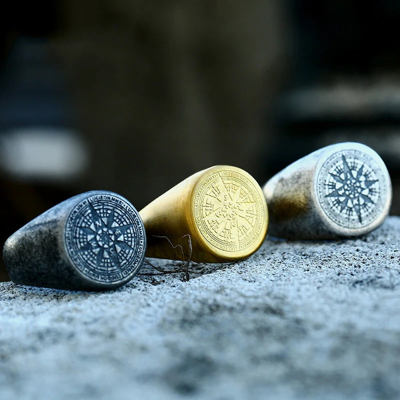 OAHLAN Wholesale Fashion Jewelry Vintage Gold Silver Black Compass Design Stainless Steel Ring for Men and Women