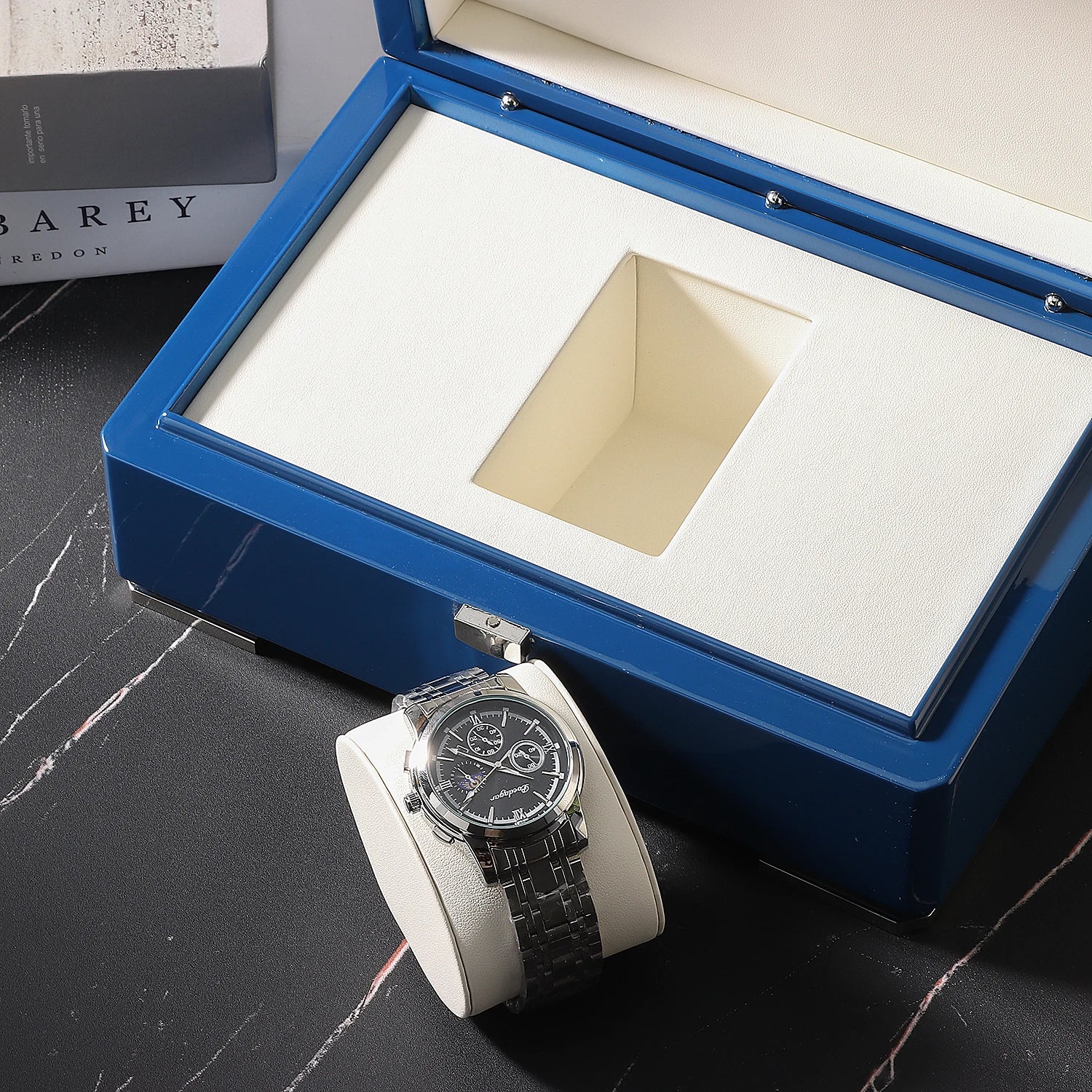 Blue Solid Wood Luxury Watch Storage Box Supplier Solid Gift Organizer Rectangle Shape Multifunction Model HX-1228 HX Brand