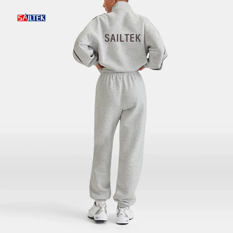 Female Clothes Wholesale Custom logo Turtleneck Tracksuit Fleece Cotton Women Half Zip Pullover Sweatshirt and Sweatpants Set