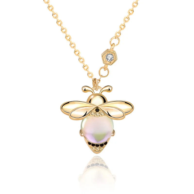 High Quality New Design 925 Sterling Silver Moonstone CZ Pave Cute Bee Charm Choker Necklace Women Girl