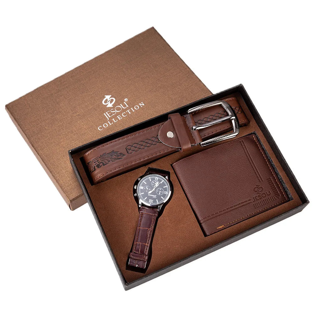 New Modern Business Watch Set With Gift Box Men's Packed Pu Leather Watch Wallet Belt Set - 3 Pcs/Set