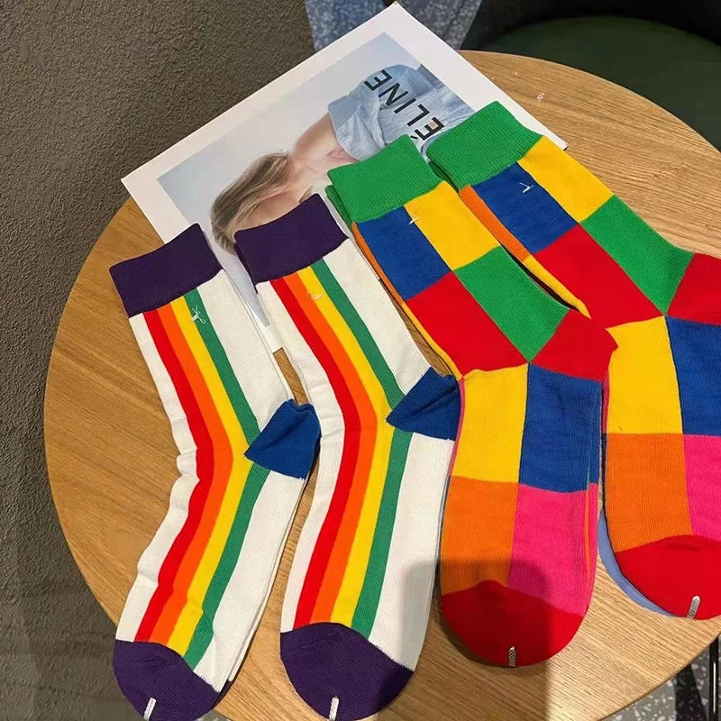 Wholesale Colorful Color Block Socks Stylish Novelty Colored Cotton Crew Socks for Women