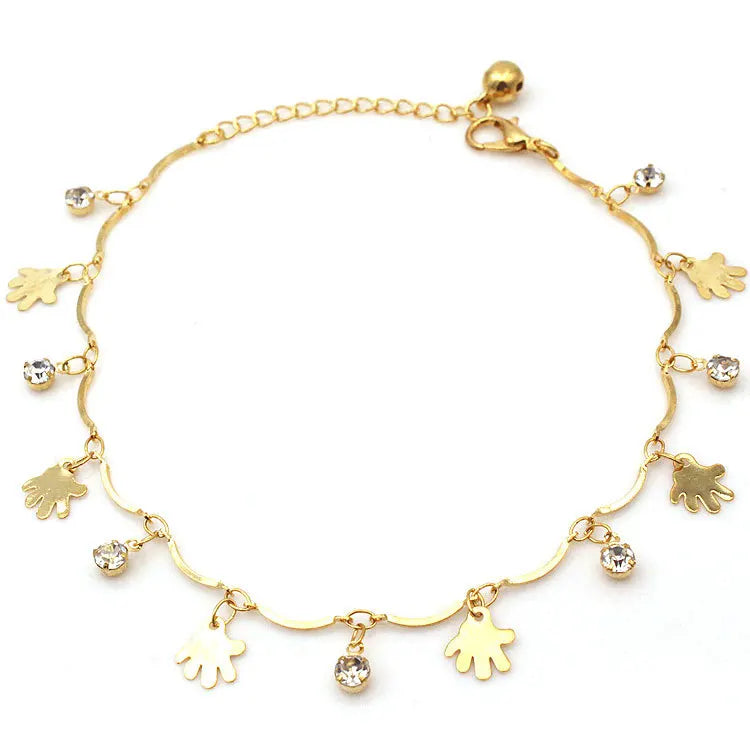 Fashion Trendy Korean Brass Alloy 18k Gold Hand Pendant Charm Dangles Anklet Tassels Foot Ankle Bracelet Jewelry
