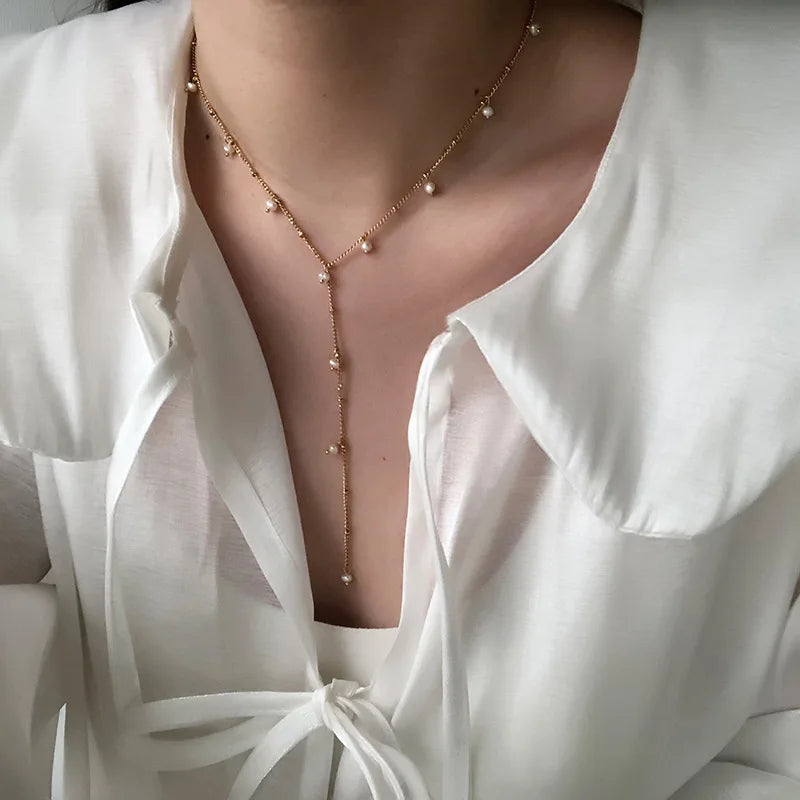 Simple Chic 18K Gold Plated Titanium Stainless Steel Handmade Freshwater Pearl Tassel Necklace Link Chain for Women/Girls Party