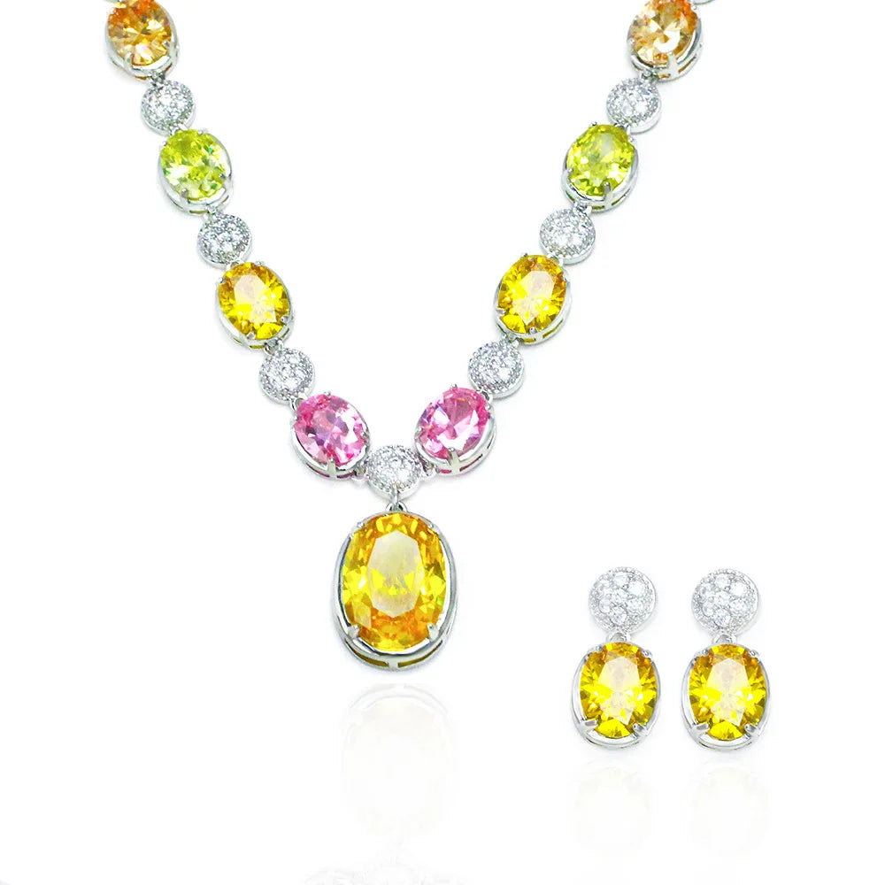 Fashion Multi Colored Bohemian Style Zircon Vintage Necklace and Earring Two Piece Set Rhodium Plated Women's Jewelry