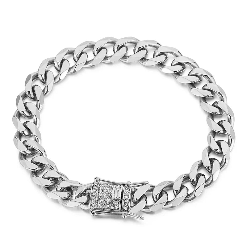 KALEN Fashion Men Rhinestone Buckle Cuban Bracelet Charm Stainless Steel Bracelets