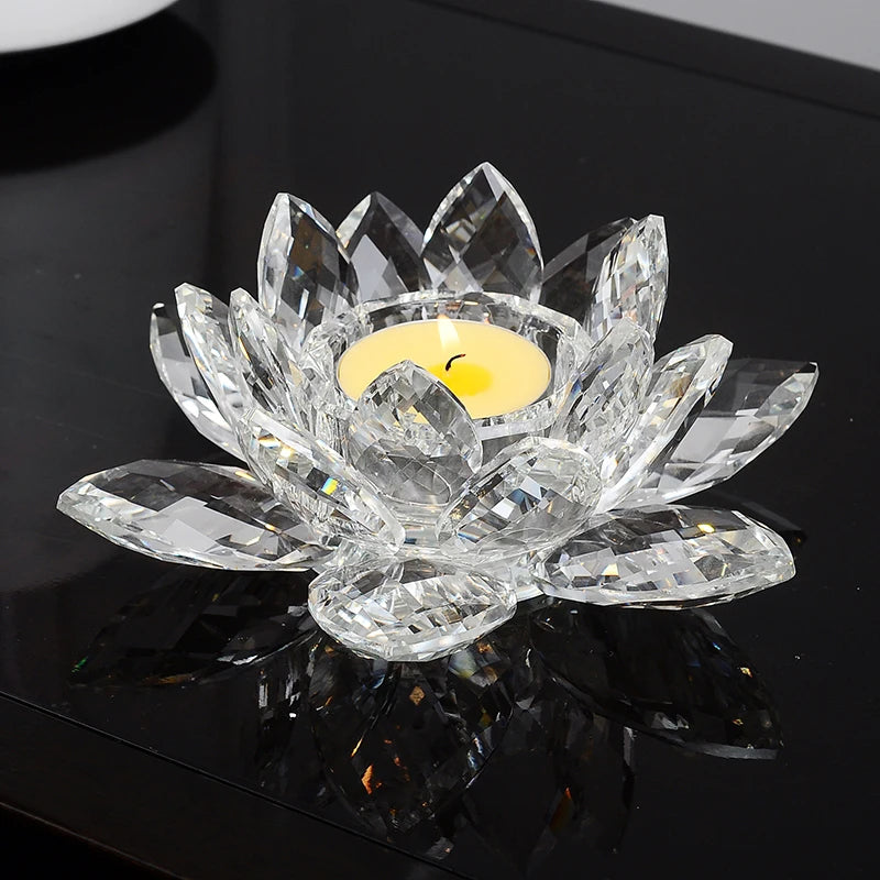 Pretty Buddha Decors Crystal Lotus Flower Candle Holder Glass Candlestick