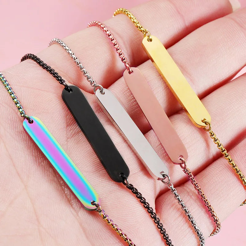 Mirror Polished Stainless Steel Oval Long Strip Adjustable Box Chain with Lettering Customization Simple Bracelet