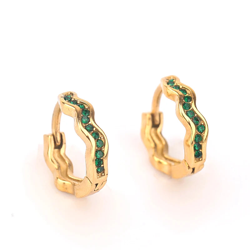 Fashion Jewelry 18k Gold Stainless Steel Wedding Jewelry Dropshiping Personality Shaped Wave Green Zircon Earrings