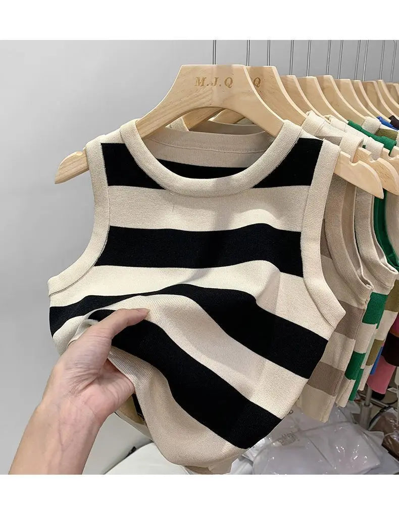 Y2k Free Size Striped Knitted Small Strap Vest Summer Wide Shoulder Strap Underlay Tops