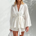 Belted Wrap Robe Top And Shorts 2 Piece Vacation Outfits Cotton White Jacquard Women's Summer Set