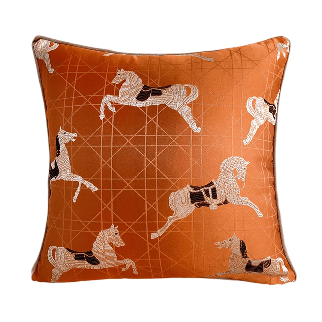 Wholesale European Jacquard Luxury Sofa Cushion Cover Embroidered Horse Design 100% Polyester Living Throw Pillow Cover Piping