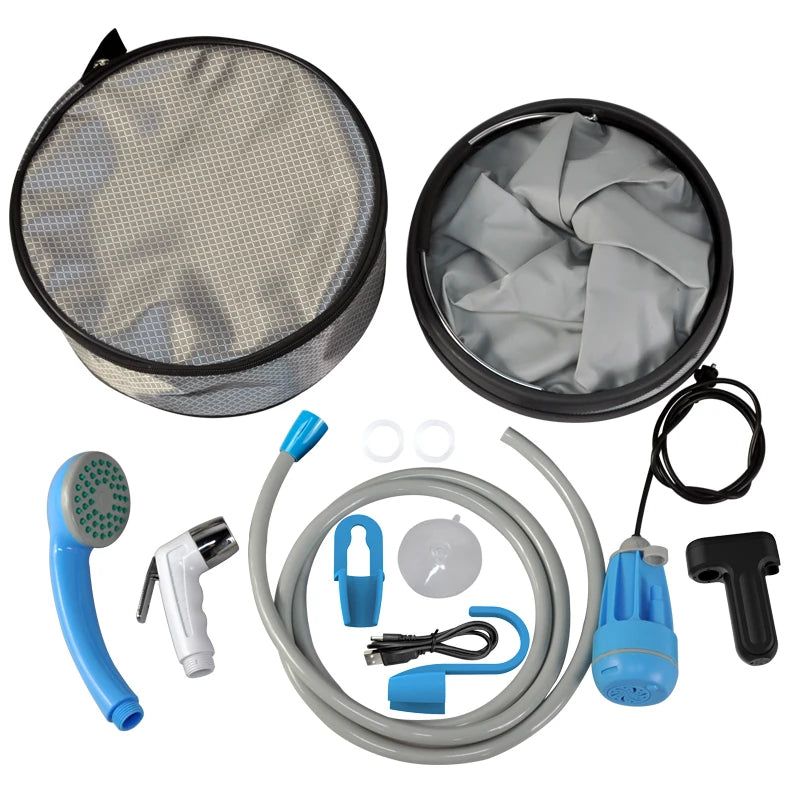 Logo Customized Hot Sale Portable Camping Showers PVC Material 3.7V Detachable Rechargeable Battery with 15L Folding Bucket