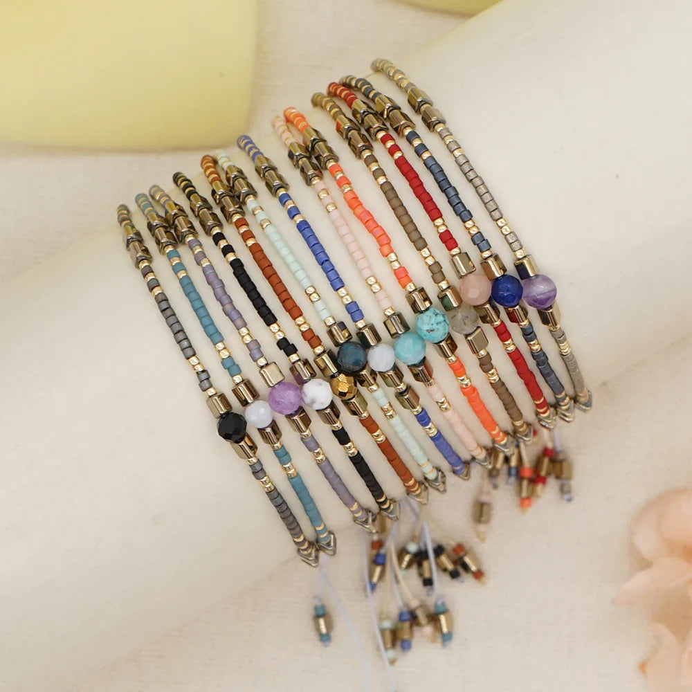 63Kinds Simple Ethnic Adjustable Rainbow Lucky Stone Charm Bracelet Boho Handmade Woven Miyuki Seed Beads Bracelet for Women Men