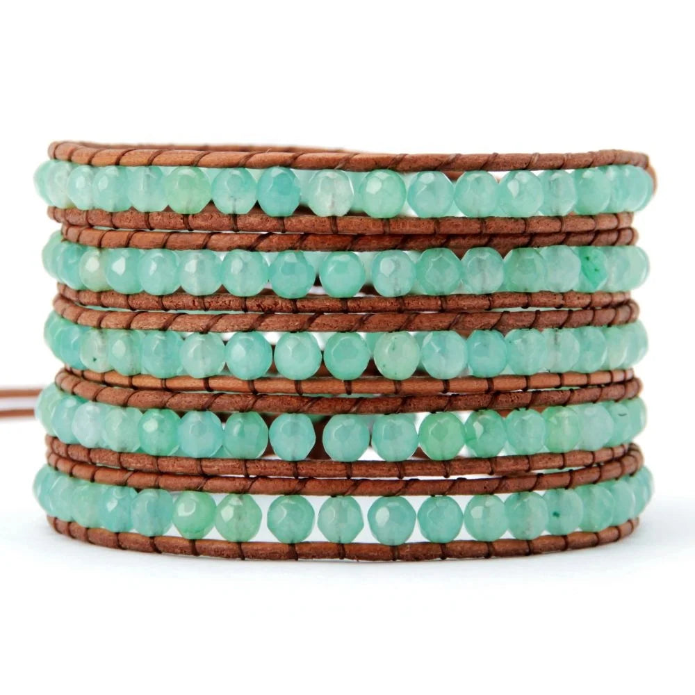 Hot Selling Natural Aventurine Beaded Leather Bracelet Multilayer Gemstone Braided Jewelry Christian Bohemia Mainly Made Jade