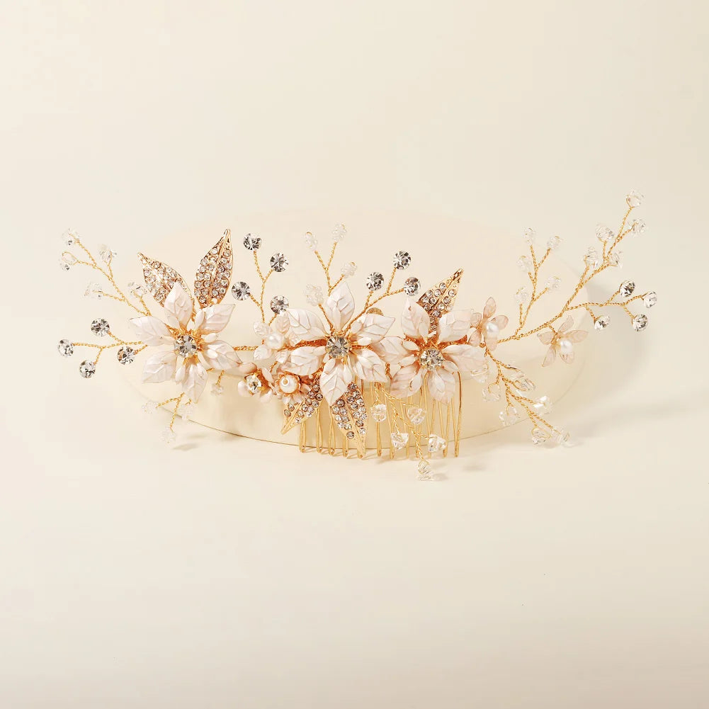 Gold Metal Flower with Rhinestones Leaves Crystal Floral Handmade Bridal Hair Clip Headpieces Hair Comb for Wedding