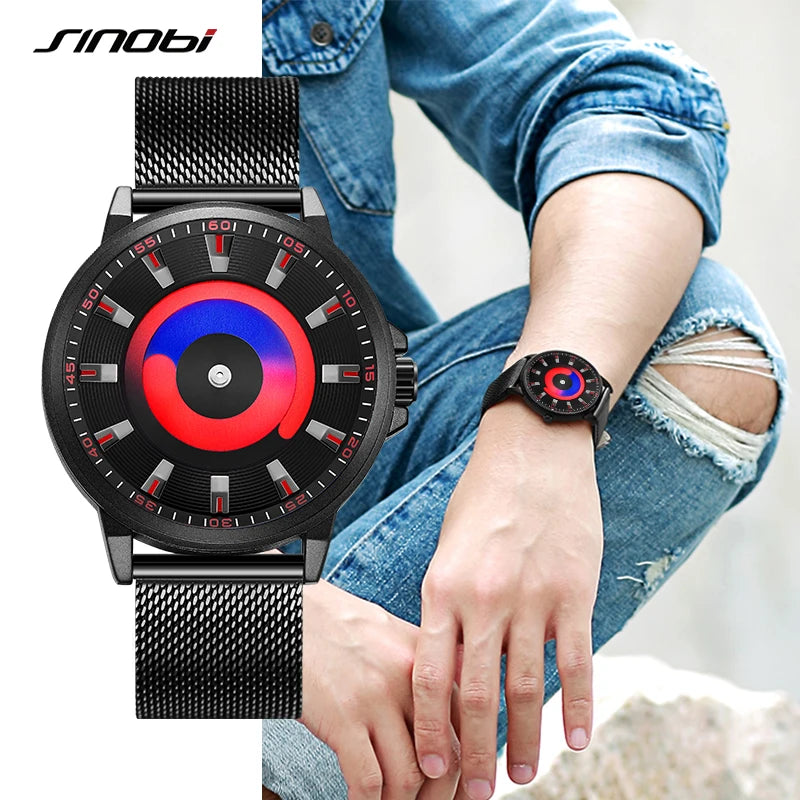 SINOBI New Creative Sports Quartz Watch Men SEIKO Movement Alloy Case Leather Strap Glass Dial Water Resistant Fashion Watch