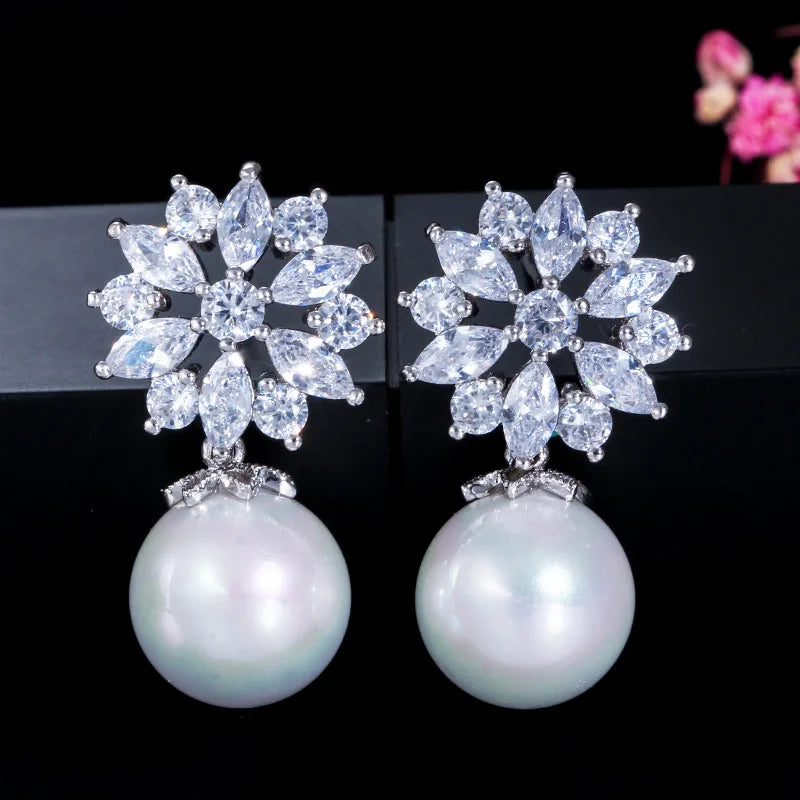 Fashion Jewelry Marquise Cut Cubic Zircon Flower Pendant Imitation Pearl Wedding Brides Dangle Drop Earrings for Women