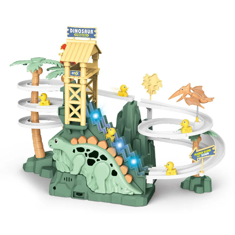 Little Dinosaur Climbing Stairs Sound and Light Electric Stairs  Track Gliding Double Track Slide Children's Toys Wholesale