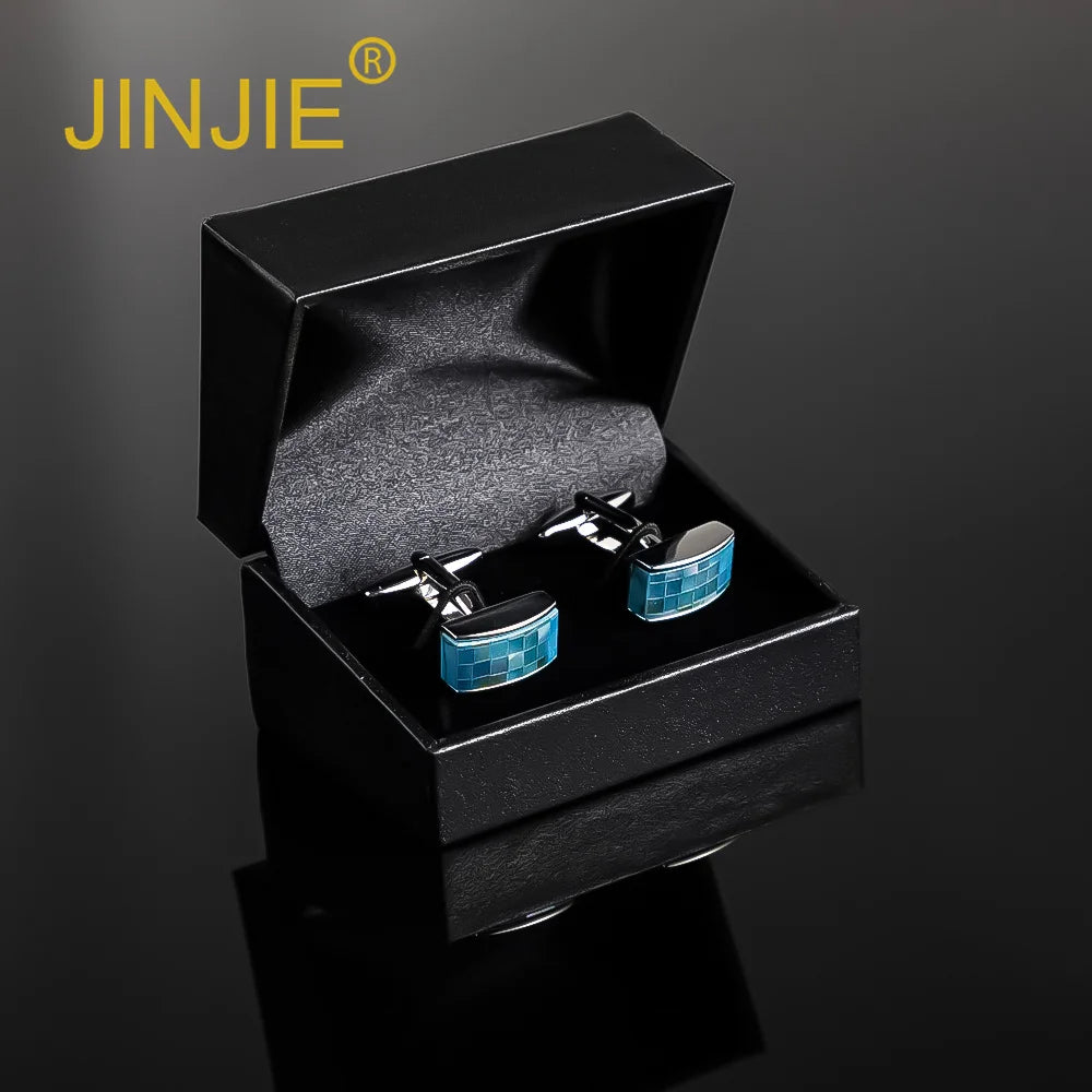 JIINJIE in Stock High Quality Rectangular Blue Color Shell Crystal Button Cover Cufflinks for Men Accessories