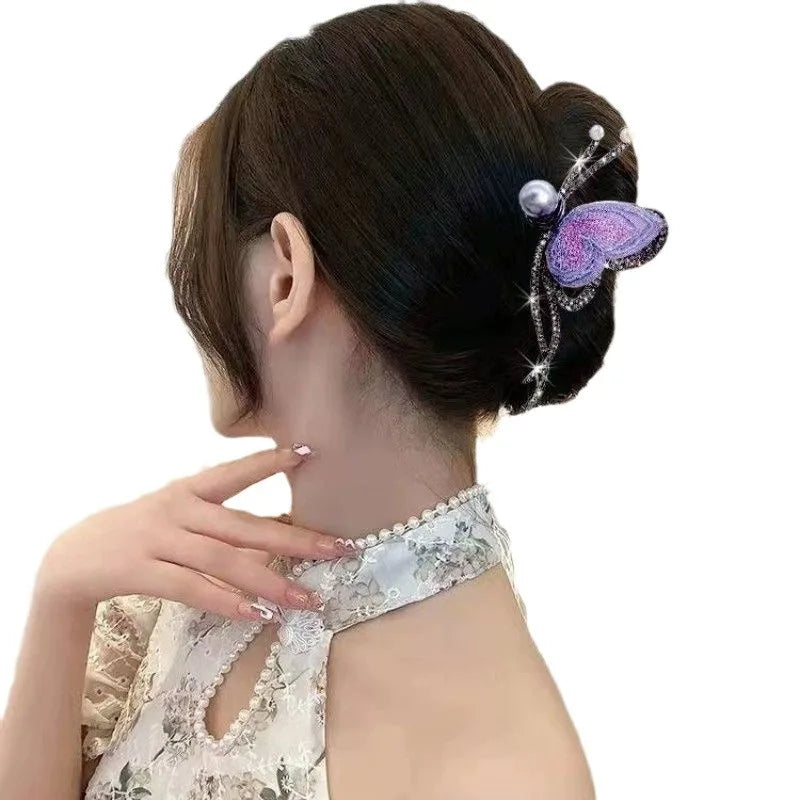 Embroidered Butterfly Vintage Hairpin Hairclaw for Women Elegant Full Rhinestone Diamond Shark Hair Claw Grab Clip