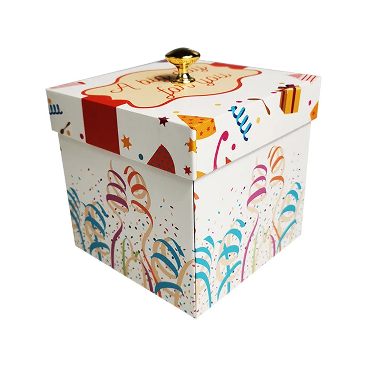 Hot Selling Custom Print Party Wedding Favors Gifts Guest Pop up Explosion Box Packaging  With Gold Knob