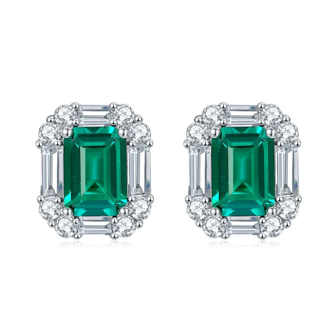 Factory Manufacture White Gold Plated Solid 925 Silver Ready to Ship 2CT 8x6mm Lab Grown Emerald Earrings