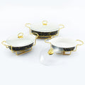 New Oval Gold Iron Frame Chafing Dish Hotel Food Warming Container Black and Gold Ceramic Pot Alcohol-heated Chafing Dish