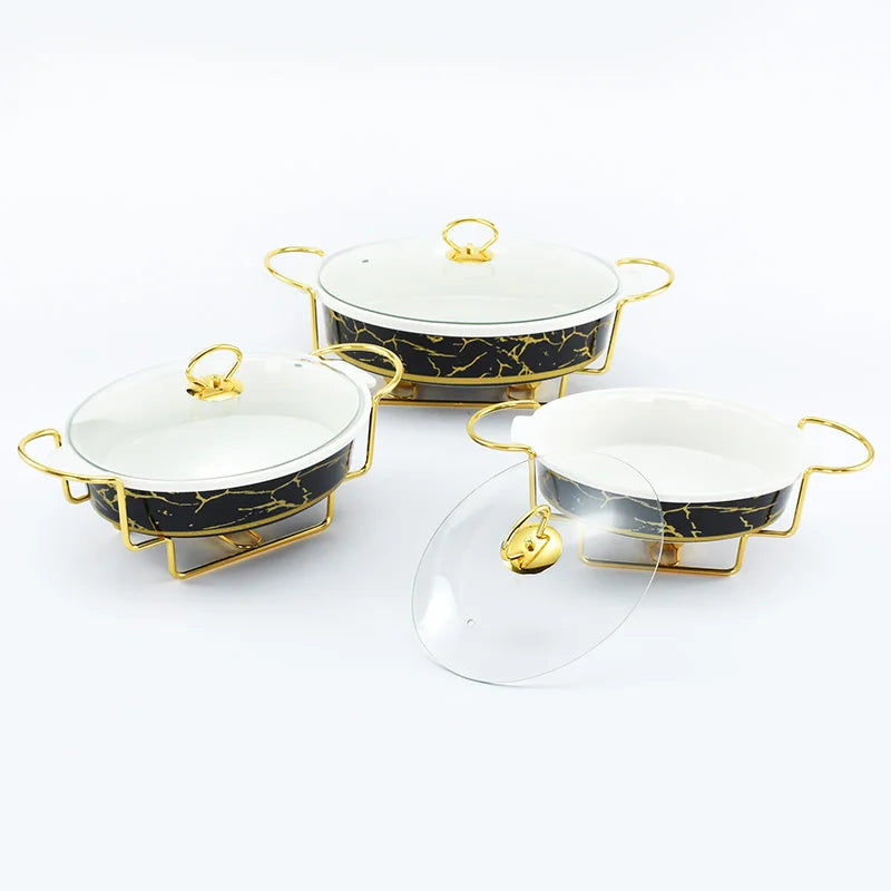 New Oval Gold Iron Frame Chafing Dish Hotel Food Warming Container Black and Gold Ceramic Pot Alcohol-heated Chafing Dish