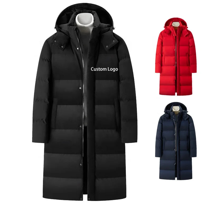 2025 Custom logo Men's Winter Puffer Padding Jacket Hooded Zip up Long Coat Warm Quilted Thicken Padded Jackets Parka Coat