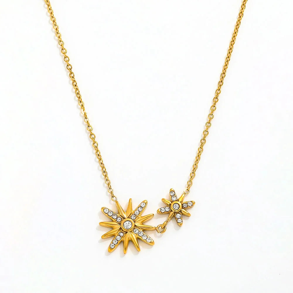 Joolim  Zirconia Shining Starburst Double Flower Pendant Necklace Stainless Steel Necklace Jewelry Wholesale