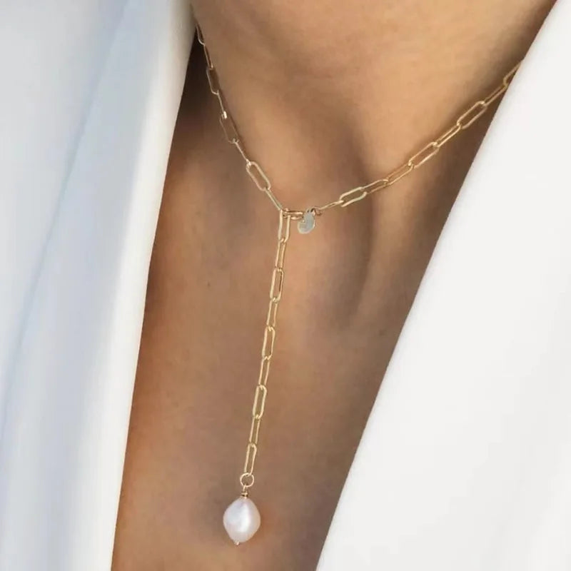Joolim Jewelry 18K Gold Plated Fresh Water Pearl Pendant Adjustable Necklace Trendy Paper Pin Chain Stainless Steel Wholesale