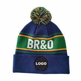 Custom Jacquard Letter Embroidered Bobble Hats Toque Pom Pom Knitted Winter Beanie Hat With Custom logo